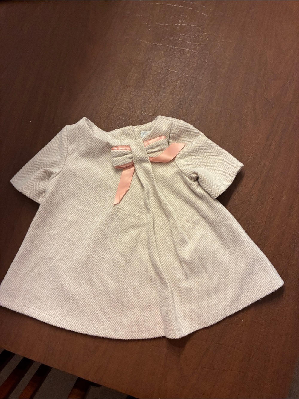Girls Cream dress with Pink Bow